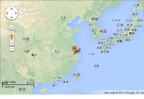 Hangzhou na mapie Chin. Niech nie zmylą Was odległości: do Szanghaju 300 km, do Pekinu i Hong Kongu 1,500 km! 